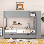 Letto a Castello Gemello su Gemello/Matrimoniale su Matrimoniale con 2 Cassetti e Armadietto Multistrato, Soluzione Salvaspazio, Bianco/Grigio - ModernLuxe