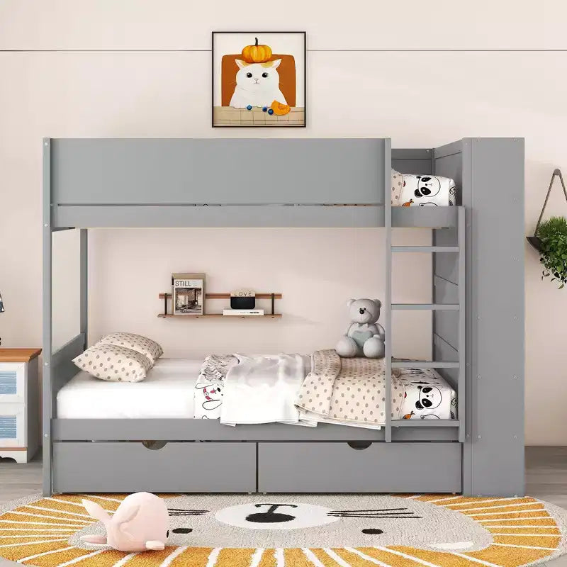 Letto a Castello Gemello su Gemello/Matrimoniale su Matrimoniale con 2 Cassetti e Armadietto Multistrato, Soluzione Salvaspazio, Bianco/Grigio - ModernLuxe
