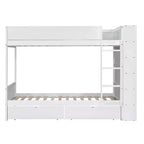 Letto a Castello Gemello su Gemello/Matrimoniale su Matrimoniale con 2 Cassetti e Armadietto Multistrato, Soluzione Salvaspazio, Bianco/Grigio - ModernLuxe
