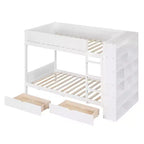 Letto a Castello Gemello su Gemello/Matrimoniale su Matrimoniale con 2 Cassetti e Armadietto Multistrato, Soluzione Salvaspazio, Bianco/Grigio - ModernLuxe