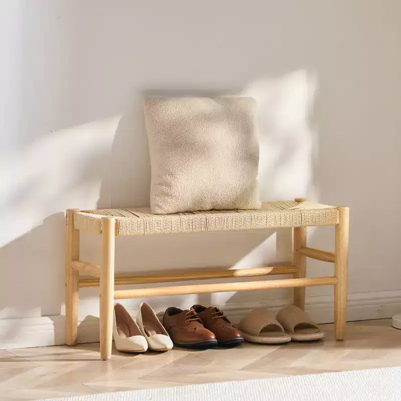 Panca in rattan VEVOR, panca in rattan di legno da 80 cm, panca da ingresso con gambe in legno di quercia, panca in stile bohémien per fondo letto in camera da letto con rattan intrecciato a mano