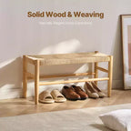 Panca in rattan VEVOR, panca in rattan di legno da 80 cm, panca da ingresso con gambe in legno di quercia, panca in stile bohémien per fondo letto in camera da letto con rattan intrecciato a mano