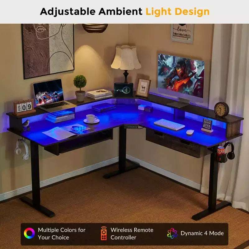 Scrivania da gioco angolare a L da 60 pollici con 2 cassetti, scrivania elettrica regolabile in altezza con prese di corrente e illuminazione a LED