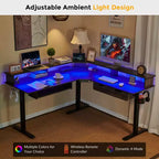 Scrivania da gioco angolare a L da 60 pollici con 2 cassetti, scrivania elettrica regolabile in altezza con prese di corrente e illuminazione a LED