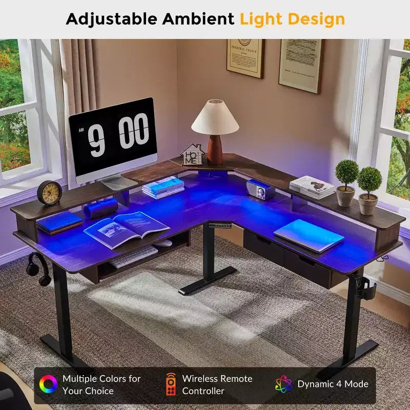 Scrivania da gioco angolare a L da 60 pollici con 2 cassetti, scrivania elettrica regolabile in altezza con prese di corrente e illuminazione a LED
