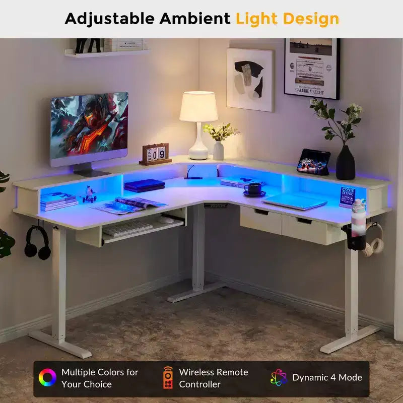 Scrivania da gioco angolare a L da 60 pollici con 2 cassetti, scrivania elettrica regolabile in altezza con prese di corrente e illuminazione a LED