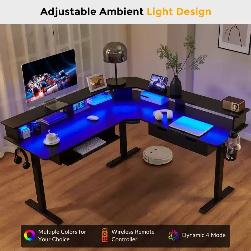 Scrivania da gioco angolare a L da 60 pollici con 2 cassetti, scrivania elettrica regolabile in altezza con prese di corrente e illuminazione a LED