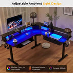 Scrivania da gioco angolare a L da 60 pollici con 2 cassetti, scrivania elettrica regolabile in altezza con prese di corrente e illuminazione a LED