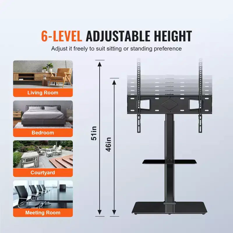 VEVOR Supporto TV, Staffa TV Alta Girevole per TV da 32 a 65 pollici, Supporto TV da Pavimento Portatile Regolabile in Altezza con Base in Vetro Temperato, Soggiorno