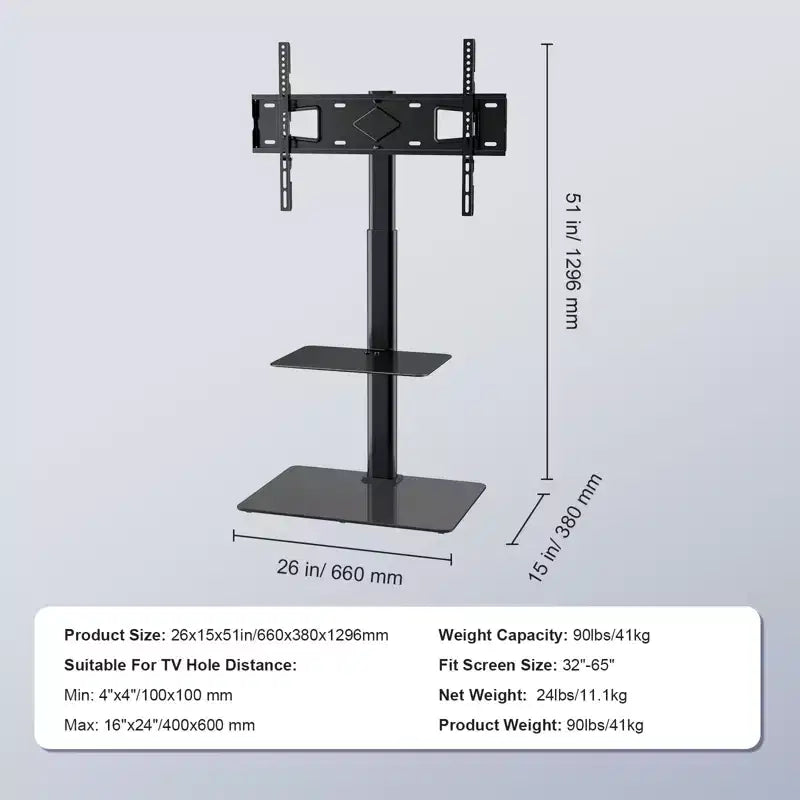 VEVOR Supporto TV, Staffa TV Alta Girevole per TV da 32 a 65 pollici, Supporto TV da Pavimento Portatile Regolabile in Altezza con Base in Vetro Temperato, Soggiorno