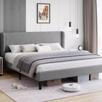 Struttura Letto con Testiera Imbottita, Design a Piattaforma in Legno con 2 Tasche Portaoggetti, Schienale a Onde Verticali Trapuntato, Robuste Doghe in Legno.