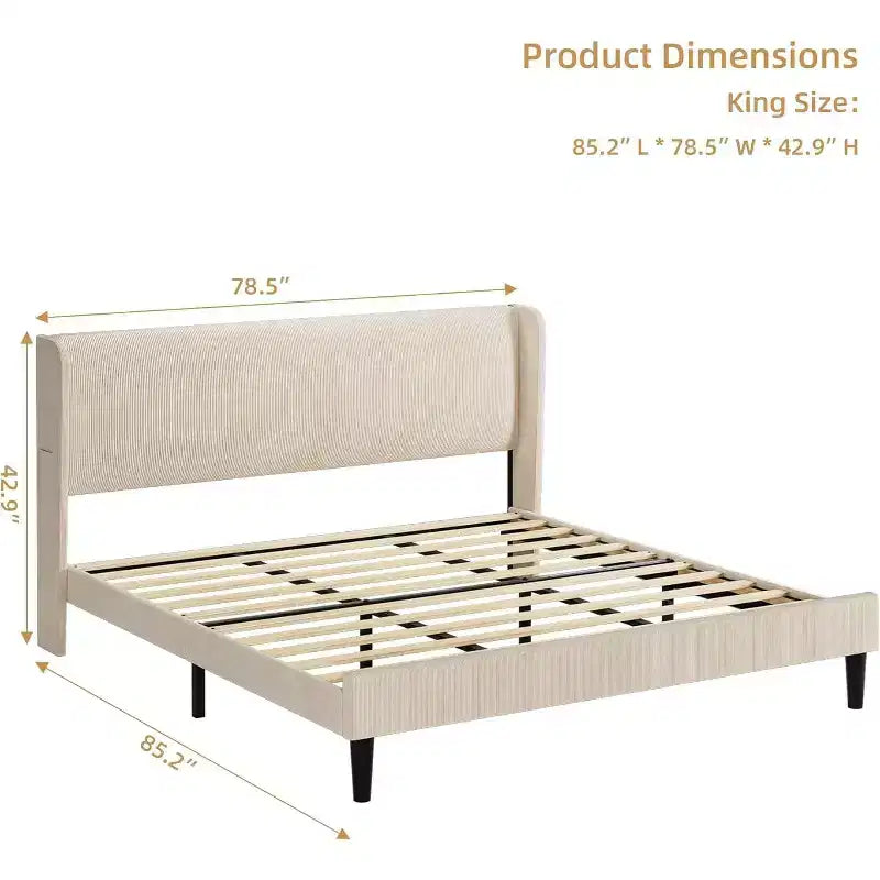 Struttura Letto con Testiera Imbottita, Design a Piattaforma in Legno con 2 Tasche Portaoggetti, Schienale a Onde Verticali Trapuntato, Robuste Doghe in Legno.