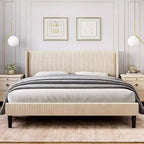 Struttura Letto con Testiera Imbottita, Design a Piattaforma in Legno con 2 Tasche Portaoggetti, Schienale a Onde Verticali Trapuntato, Robuste Doghe in Legno.