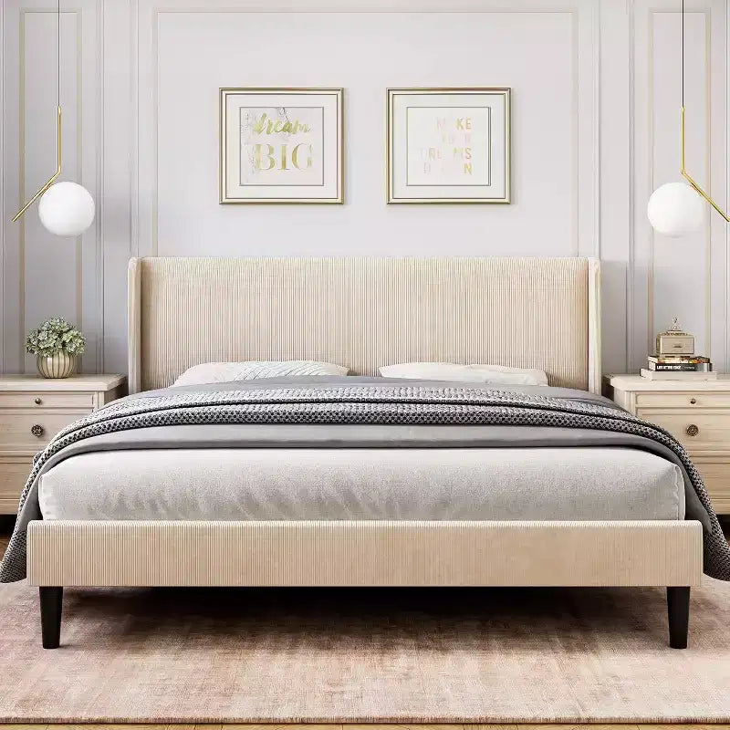 Struttura Letto con Testiera Imbottita, Design a Piattaforma in Legno con 2 Tasche Portaoggetti, Schienale a Onde Verticali Trapuntato, Robuste Doghe in Legno.