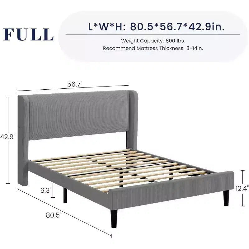 Struttura Letto con Testiera Imbottita, Design a Piattaforma in Legno con 2 Tasche Portaoggetti, Schienale a Onde Verticali Trapuntato, Robuste Doghe in Legno.