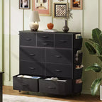 Cassettiera in tessuto a 10 cassetti, Robusto organizer con struttura in metallo con tasche laterali e ganci per camera da letto, soggiorno, corridoio, nero