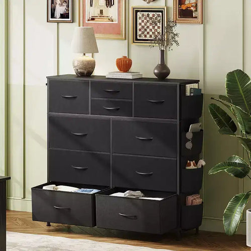 Cassettiera in tessuto a 10 cassetti, Robusto organizer con struttura in metallo con tasche laterali e ganci per camera da letto, soggiorno, corridoio, nero