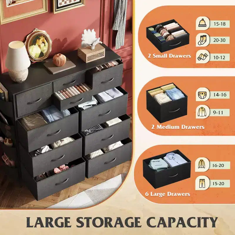 Cassettiera in tessuto a 10 cassetti, Robusto organizer con struttura in metallo con tasche laterali e ganci per camera da letto, soggiorno, corridoio, nero