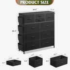 Cassettiera in tessuto a 10 cassetti, Robusto organizer con struttura in metallo con tasche laterali e ganci per camera da letto, soggiorno, corridoio, nero