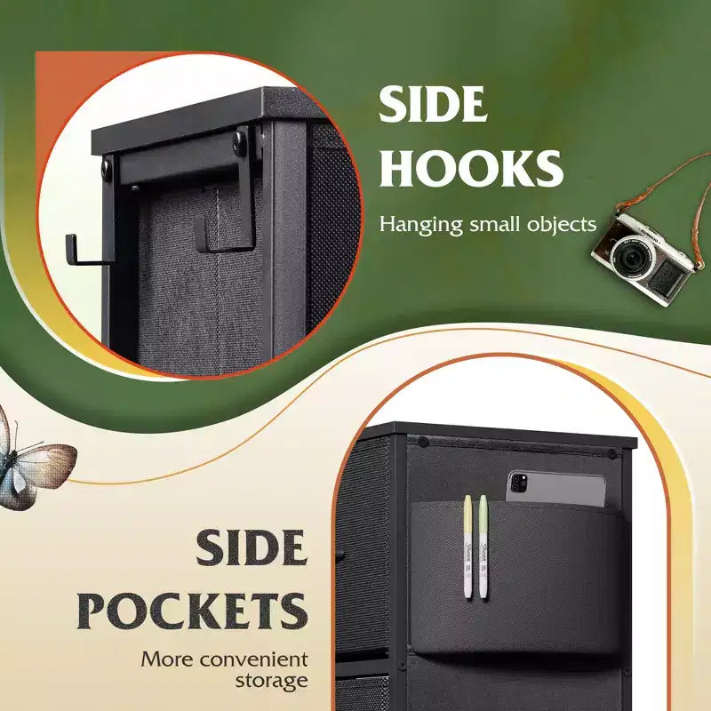 Cassettiera in tessuto a 10 cassetti, Robusto organizer con struttura in metallo con tasche laterali e ganci per camera da letto, soggiorno, corridoio, nero