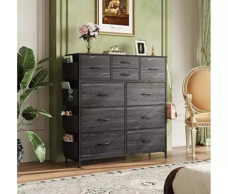 Cassettiera in tessuto a 10 cassetti, Robusto organizer con struttura in metallo con tasche laterali e ganci per camera da letto, soggiorno, corridoio, nero