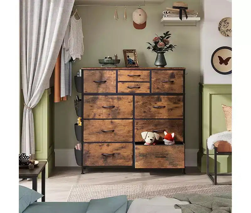 Cassettiera in tessuto a 10 cassetti, Robusto organizer con struttura in metallo con tasche laterali e ganci per camera da letto, soggiorno, corridoio, nero