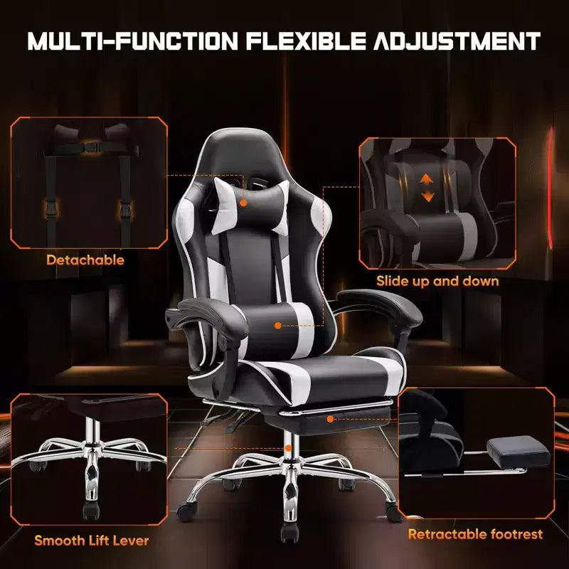 Sedia da Gaming Ergonomica con Poggiapiedi e Comodo Supporto Lombare, Poltrona Reclinabile in Pelle PU con Poggiatesta e Braccioli Fissi