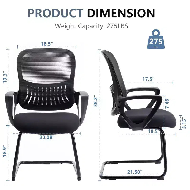 Set di 2 sedie da ufficio direzionali ergonomiche con base a slitta, schienale in rete, braccioli confortevoli, supporto lombare e senza ruote