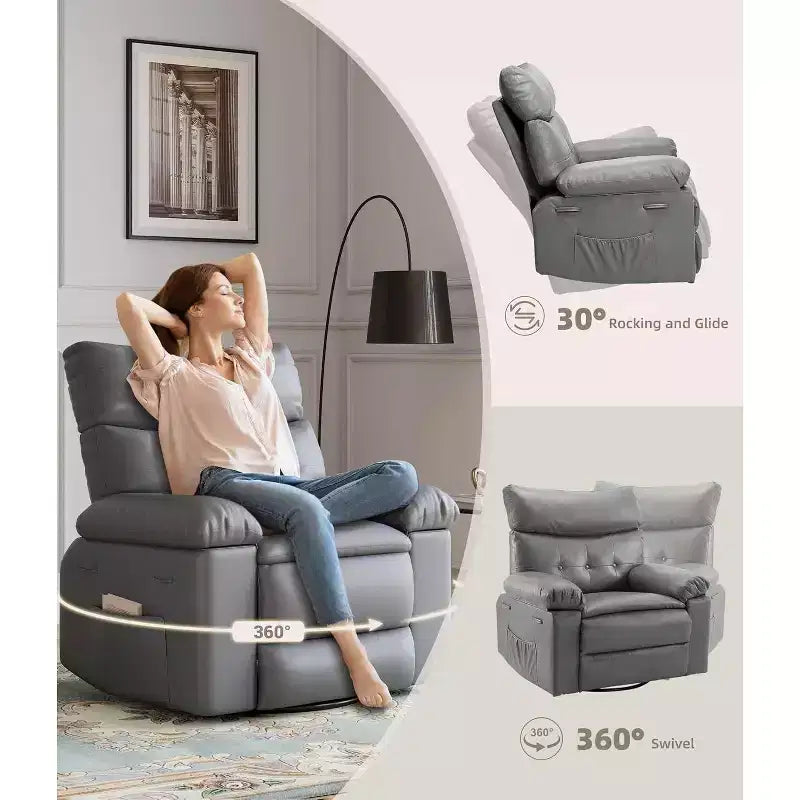 Poltrona reclinabile oversize per adulti - Poltrona reclinabile girevole a 360° con pelle PU, meccanismo reclinabile manuale, per soggiorno/home theater
