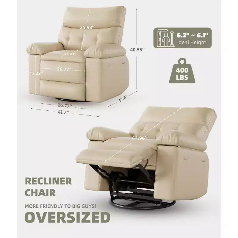 Poltrona reclinabile oversize per adulti - Poltrona reclinabile girevole a 360° con pelle PU, meccanismo reclinabile manuale, per soggiorno/home theater