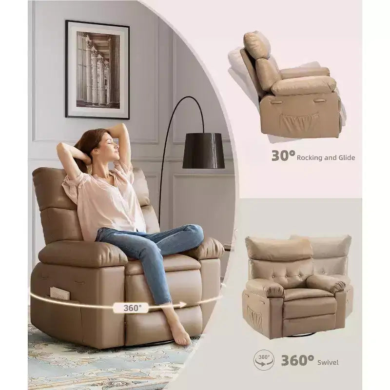 Poltrona reclinabile oversize per adulti - Poltrona reclinabile girevole a 360° con pelle PU, meccanismo reclinabile manuale, per soggiorno/home theater