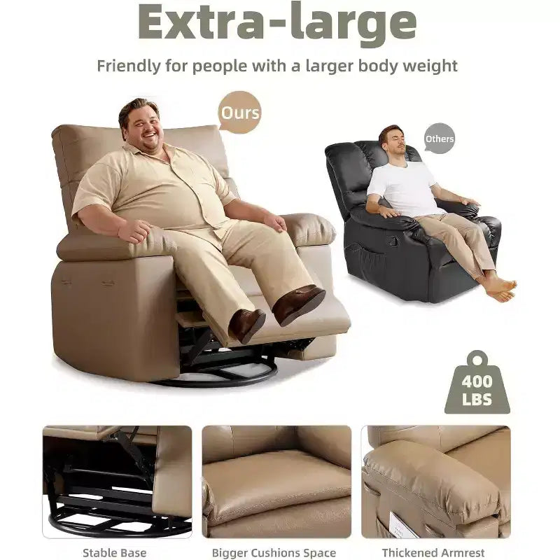 Poltrona reclinabile oversize per adulti - Poltrona reclinabile girevole a 360° con pelle PU, meccanismo reclinabile manuale, per soggiorno/home theater