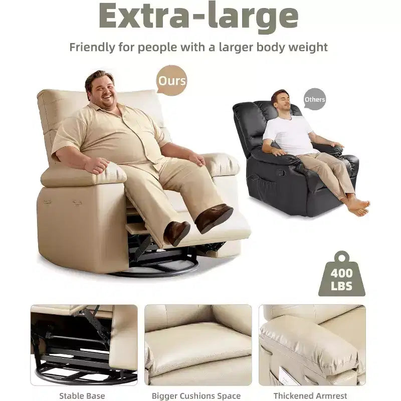 Poltrona reclinabile oversize per adulti - Poltrona reclinabile girevole a 360° con pelle PU, meccanismo reclinabile manuale, per soggiorno/home theater