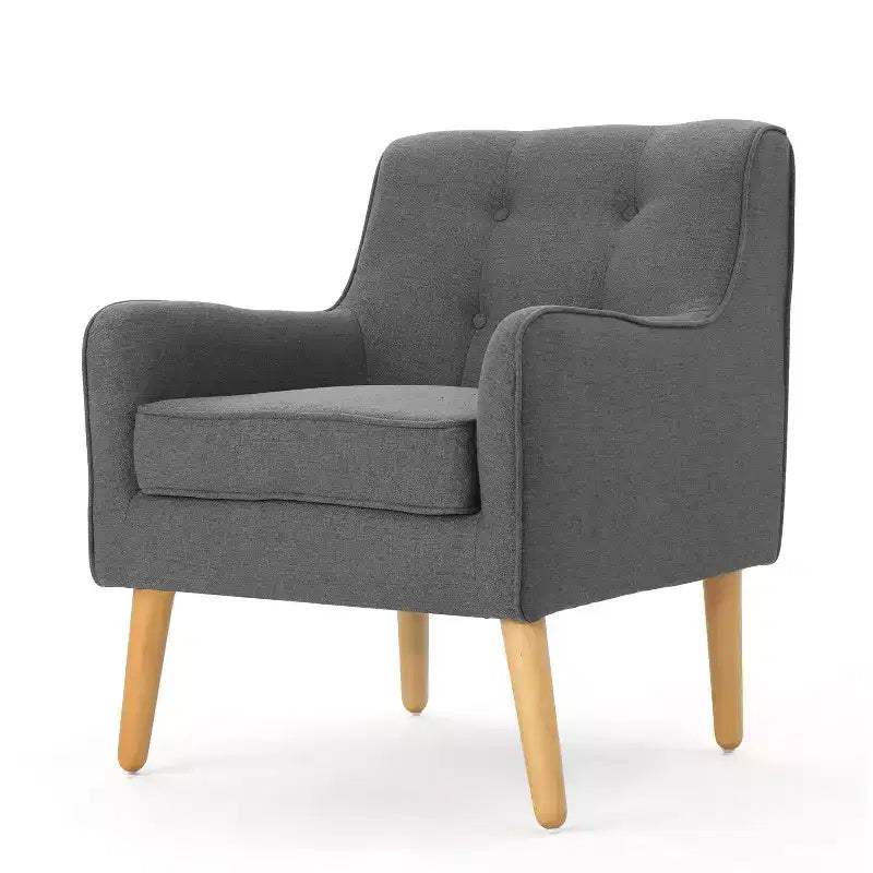 Poltrona singola Okak con bottoni, poltrona club trapuntata con comoda tappezzeria, elegante poltrona con gambe in legno di betulla per soggiorno, camera da letto