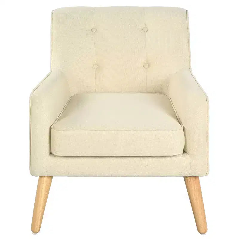 Poltrona singola Okak con bottoni, poltrona club trapuntata con comoda tappezzeria, elegante poltrona con gambe in legno di betulla per soggiorno, camera da letto