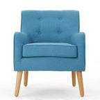 Poltrona singola Okak con bottoni, poltrona club trapuntata con comoda tappezzeria, elegante poltrona con gambe in legno di betulla per soggiorno, camera da letto