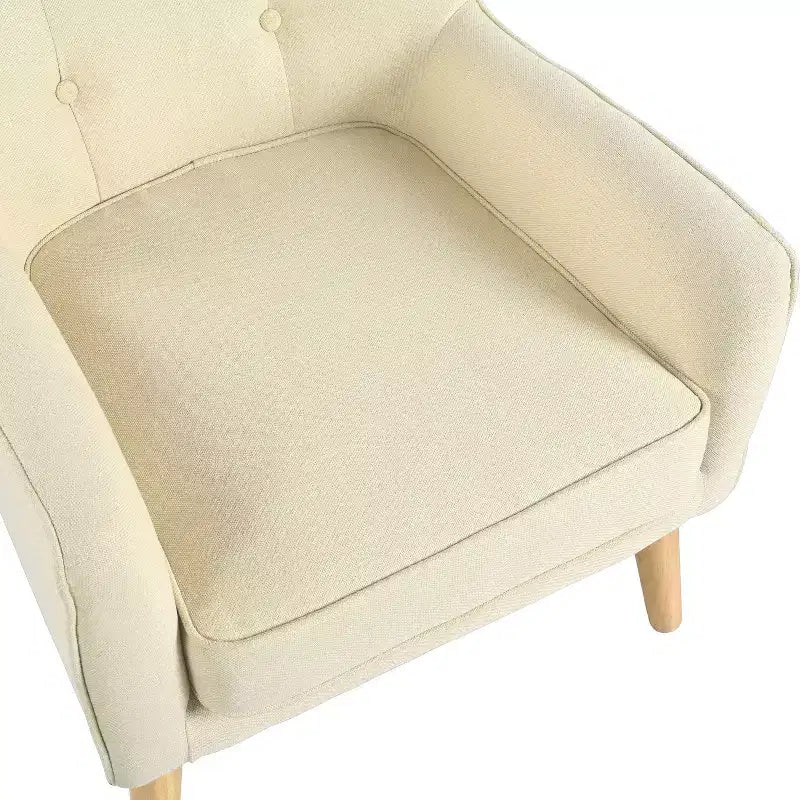 Poltrona singola Okak con bottoni, poltrona club trapuntata con comoda tappezzeria, elegante poltrona con gambe in legno di betulla per soggiorno, camera da letto