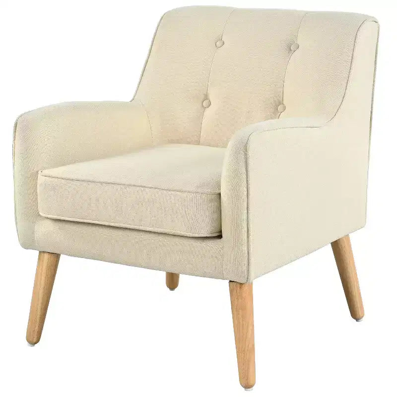 Poltrona singola Okak con bottoni, poltrona club trapuntata con comoda tappezzeria, elegante poltrona con gambe in legno di betulla per soggiorno, camera da letto