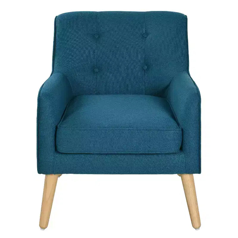 Poltrona singola Okak con bottoni, poltrona club trapuntata con comoda tappezzeria, elegante poltrona con gambe in legno di betulla per soggiorno, camera da letto