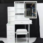 Okak 29.2 Vanity Table and Chair Set, Small Size Left Bedside Cabinet Vanity Table with Extra Large Touch Control Sliding LED Mirror, Black