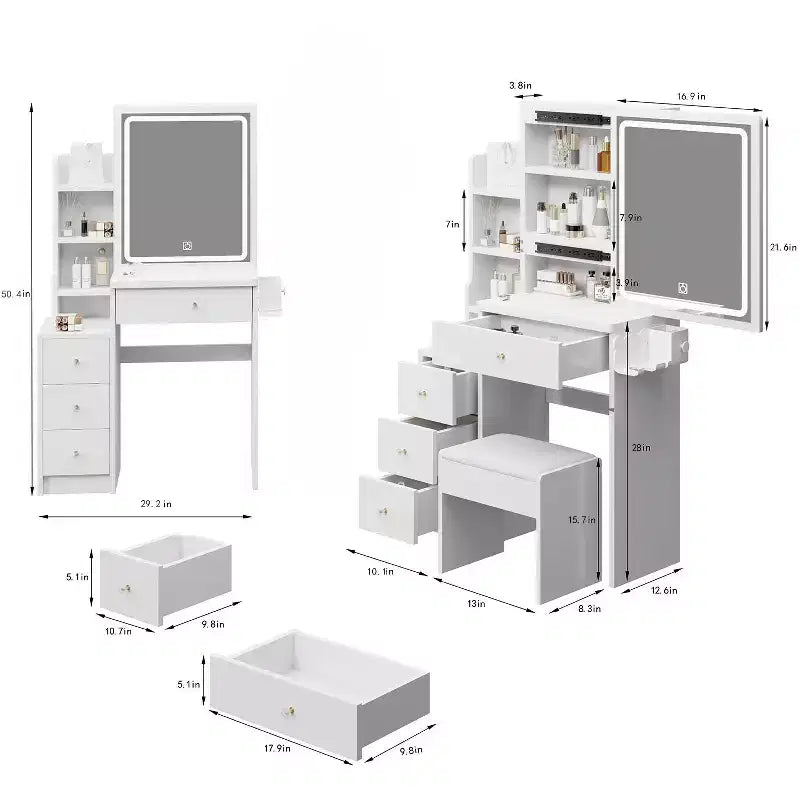 Okak 29.2 Tavolino da trucco e sedia, Tavolino da trucco con comodino sinistro di piccole dimensioni con specchio LED scorrevole extra large touch control, Nero