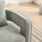 Poltrona girevole Okak 360 con base in legno invecchiato, poltrona moderna con schienale aperto per soggiorno, camera da letto