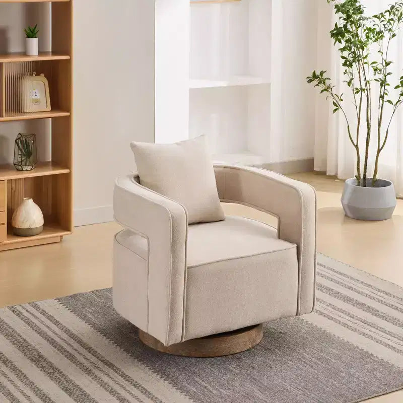 Poltrona girevole Okak 360 con base in legno invecchiato, poltrona moderna con schienale aperto per soggiorno, camera da letto