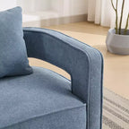 Poltrona girevole Okak 360 con base in legno invecchiato, poltrona moderna con schienale aperto per soggiorno, camera da letto