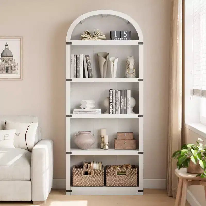 Libreria a 5 Ripiani Scaffale ad Arco 182 cm di Altezza Libreria Stile Fattoria Espositore Portaoggetti Scaffali in Legno per Ufficio Domestico, Soggiorno