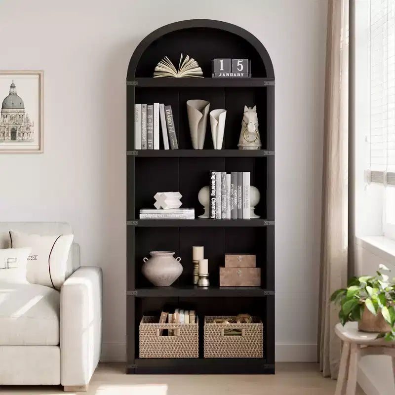 Libreria a 5 Ripiani Scaffale ad Arco 182 cm di Altezza Libreria Stile Fattoria Espositore Portaoggetti Scaffali in Legno per Ufficio Domestico, Soggiorno
