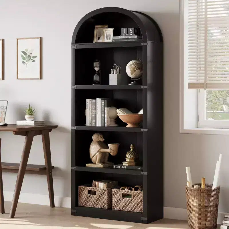 Libreria a 5 Ripiani Scaffale ad Arco 182 cm di Altezza Libreria Stile Fattoria Espositore Portaoggetti Scaffali in Legno per Ufficio Domestico, Soggiorno