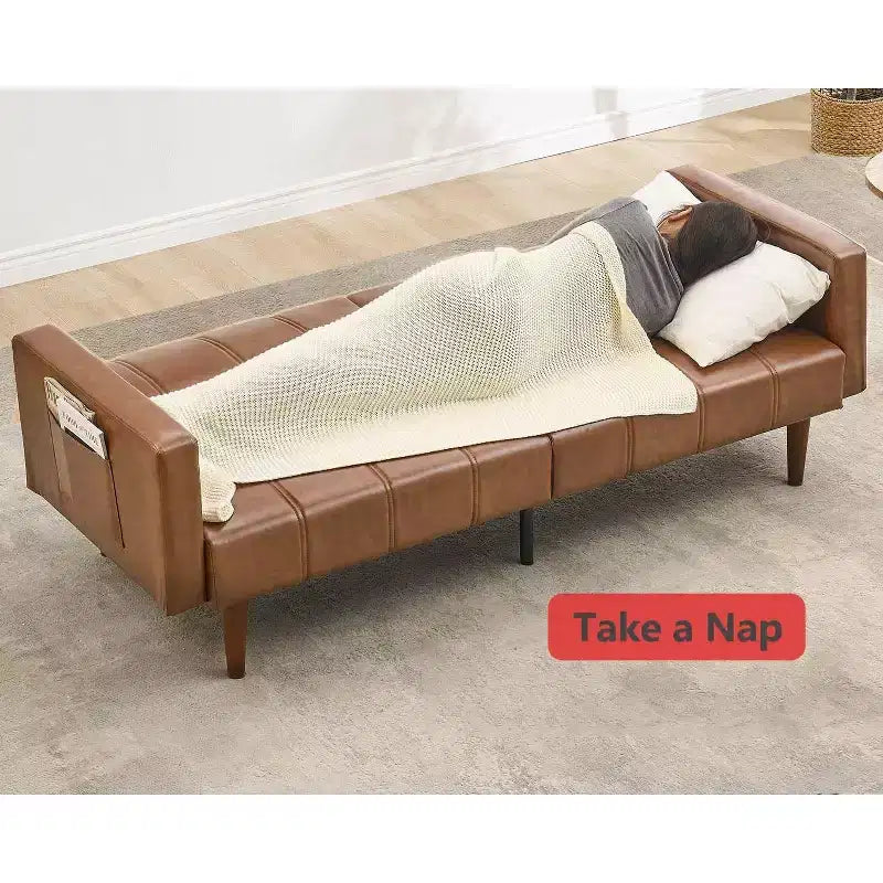 Divano letto futon da 75 pollici, Divano futon moderno di metà secolo, Divano letto convertibile con schienale regolabile, Divanetto con tasche laterali, Divano in pelle PU