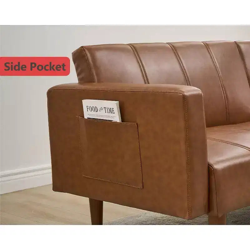 Divano letto futon da 75 pollici, Divano futon moderno di metà secolo, Divano letto convertibile con schienale regolabile, Divanetto con tasche laterali, Divano in pelle PU