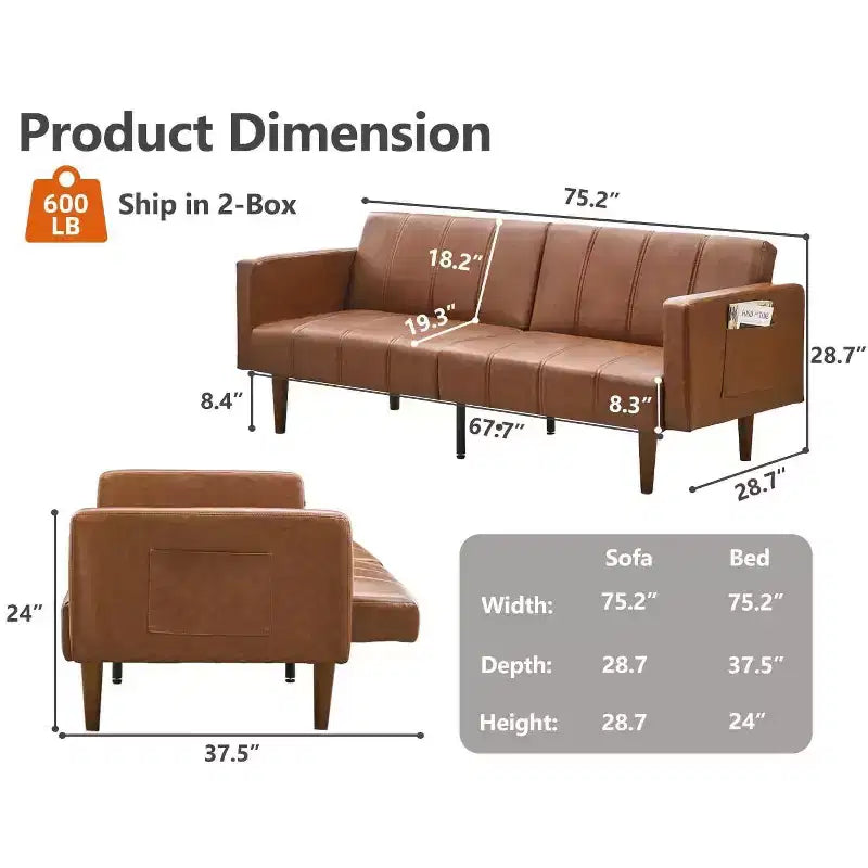 Divano letto futon da 75 pollici, Divano futon moderno di metà secolo, Divano letto convertibile con schienale regolabile, Divanetto con tasche laterali, Divano in pelle PU